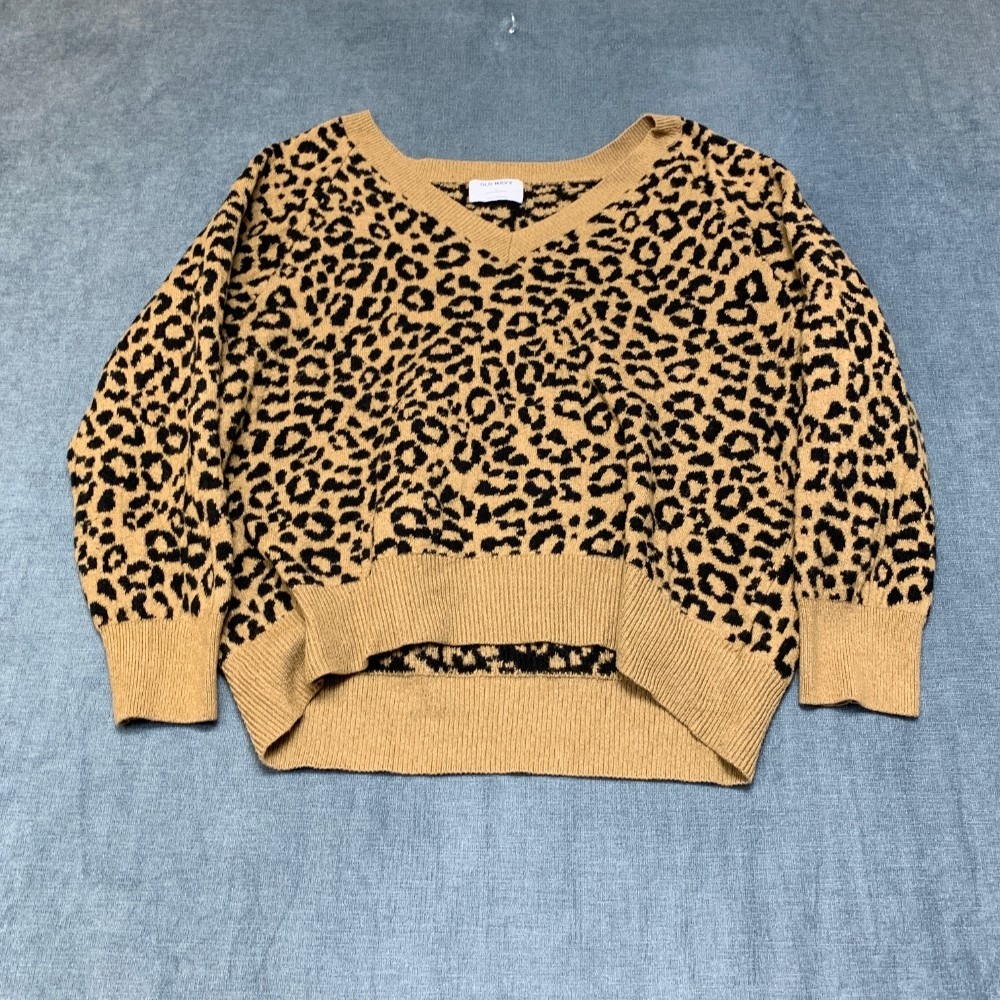 Old Navy Sweater Womens XL Tan Black Cotton Blend Leopard Print Ribbed Winter